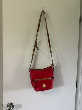 Red Leather Crossbody Travel Bag with Brown Trim